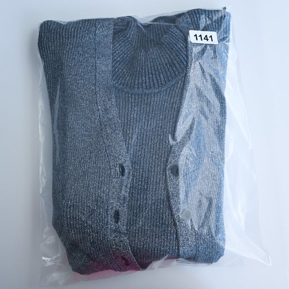 KASPER & COMPANY Blue Ribbed Mock Neck Top & Cardigan - Size P Medium - Picture 11 of 11